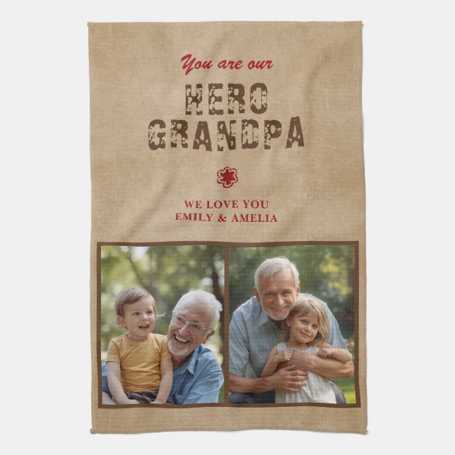 Rustic Hero Grandpa Father`s Day 2 Photo Collage Geschirrtuch (Vertikal)