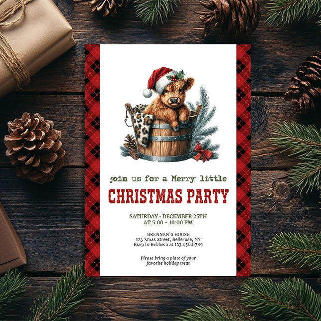 Rustic highland cow Christmas party invitation Einladung (Rustic watercolor Highland cow Christmas invite, fully editable for your event.)