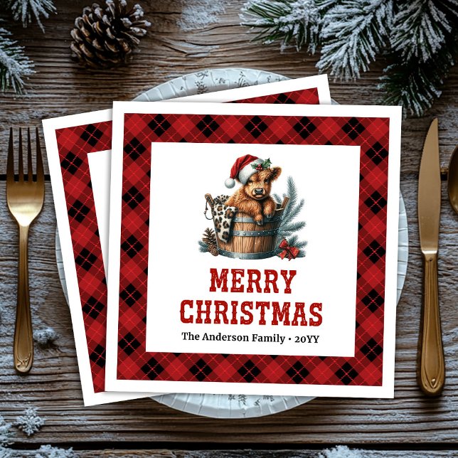 Rustic highland cow red black plaid Xmas napkin Serviette (Rustic highland cow red black plaid Xmas napkin)