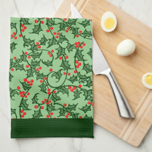 Rustic Holly and Berry Holiday Pattern on Green Geschirrtuch