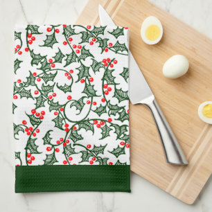 Rustic Holly and Berry Holiday Pattern on Green Geschirrtuch