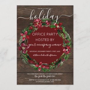 Rustic Holly Floral Wreath Wood Corporate Holiday Einladung