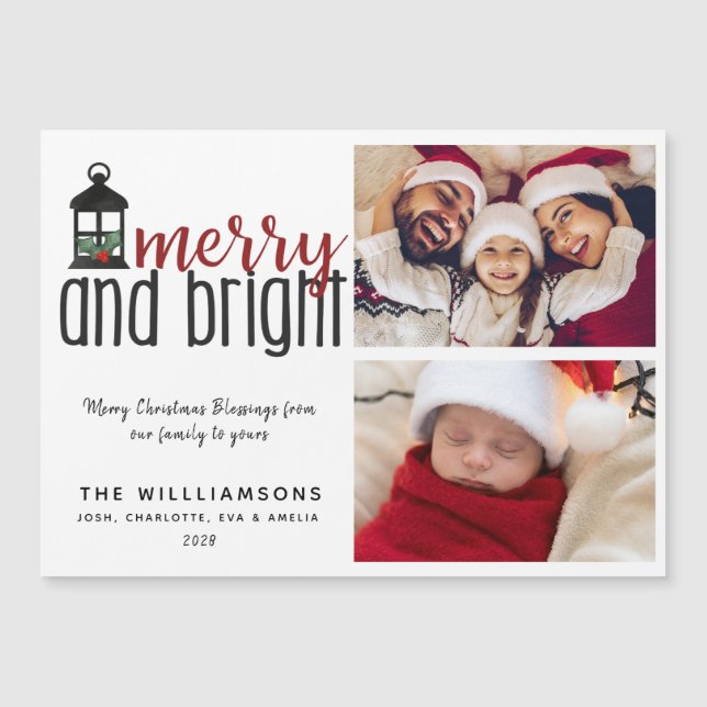 Rustic Holly Merry und Bright Zwei Fotos Weihnacht Magnetkarte (Vorderseite)