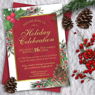 Rustic Holly & Pine Crimson Roter Weihnachtsfeiert Einladung