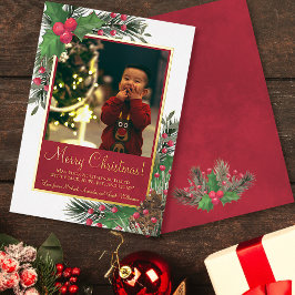 Rustic Holly & Pine Frohe Weihnachtsfeier Foto Folien Feiertagskarte