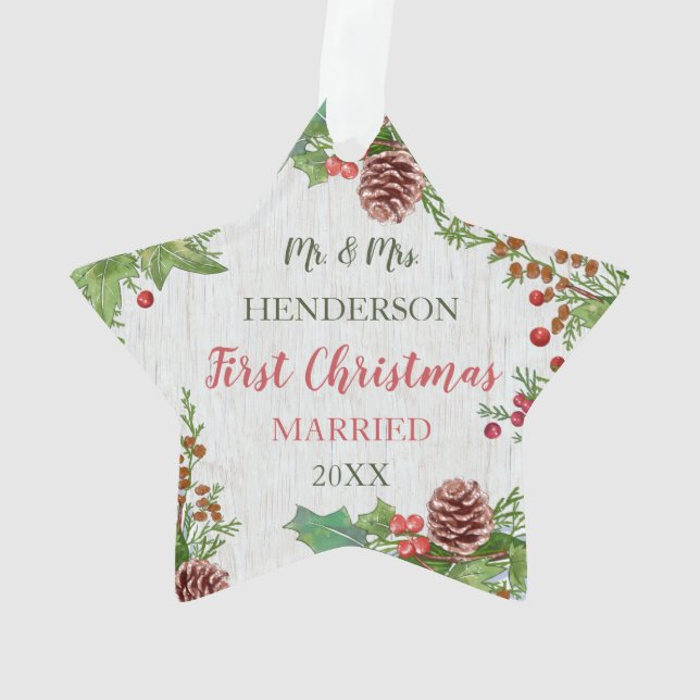 Rustic Holly Pine Newlyweds Meilenstein Custom Fot Ornament (Rückseite)