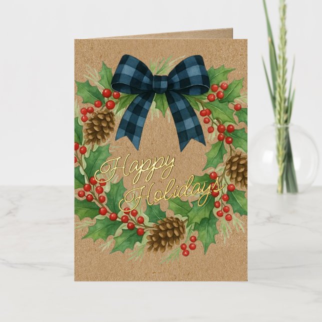 Rustic Holly Wreath Blue Checkered Bow (Vorderseite)