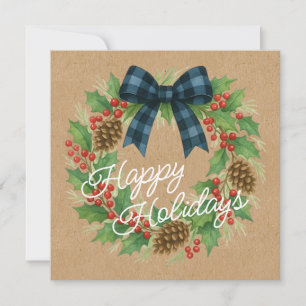 Rustic Holly Wreath Blue Checkered Bow Feiertagskarte