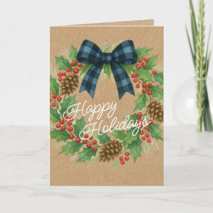 Rustic Holly Wreath Blue Checkered Bow Feiertagskarte