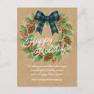 Rustic Holly Wreath Blue Checkered Bow Feiertagspostkarte
