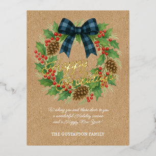 Rustic Holly Wreath Blue Checkered Bow Folien Feiertagspostkarte