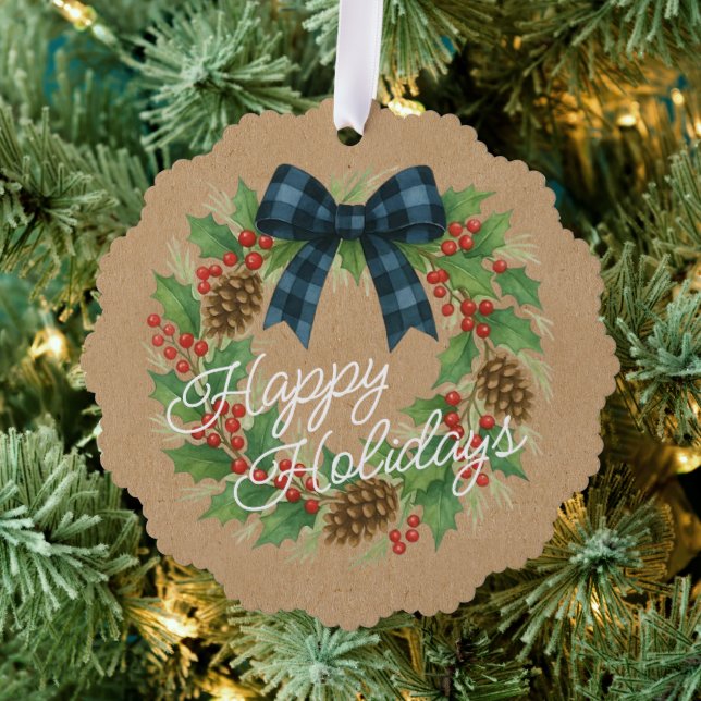Rustic Holly Wreath Blue Checkered Bow Ornament Karte (Insitu (Baum))