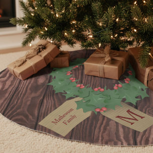 Rustic Holly Wreath Monogram Christmas Tree Skirt Polyester Weihnachtsbaumdecke