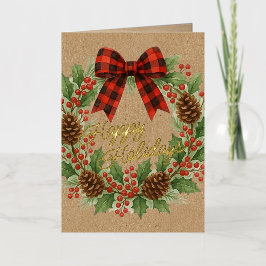 Rustic Holly Wreath Red Black Checkered Bow Gold