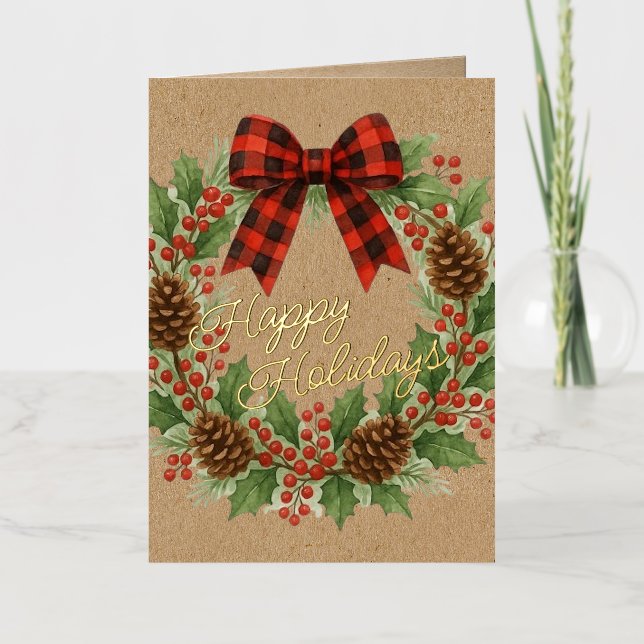 Rustic Holly Wreath Red Black Checkered Bow Gold (Vorderseite)