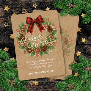 Rustic Holly Wreath Red Black Checkered Bow Gold Folien Feiertagskarte