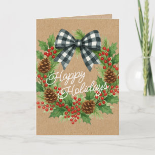 Rustic Holly Wreath White Black Checkered Bow Feiertagskarte
