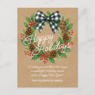 Rustic Holly Wreath White Black Checkered Bow Feiertagspostkarte
