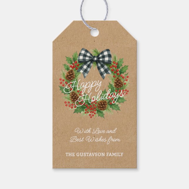 Rustic Holly Wreath White Black Checkered Bow Geschenkanhänger (Vorderseite)