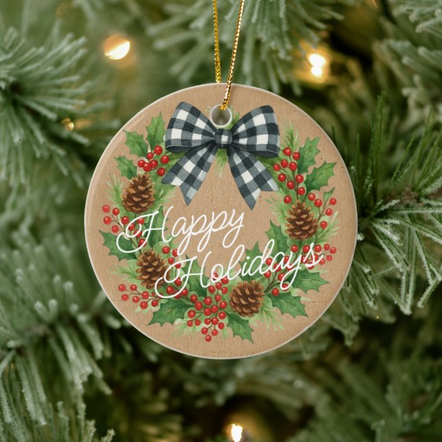Rustic Holly Wreath White Black Checkered Bow Keramik Ornament (Baum)