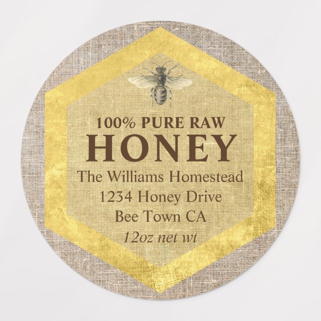 Rustic Honey Jar Label Honey Bee & Apiary Name Etiketten (Design 1)