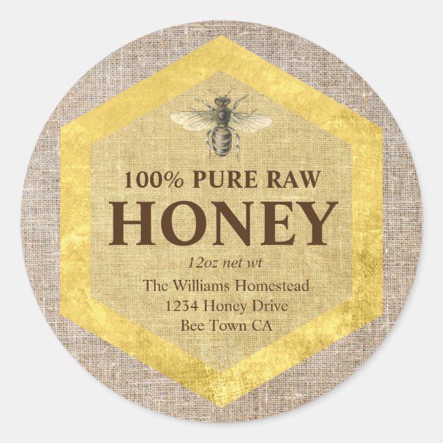 Rustic Honey Jar Label Honey Bee & Apiary Name Runder Aufkleber (Vorderseite)