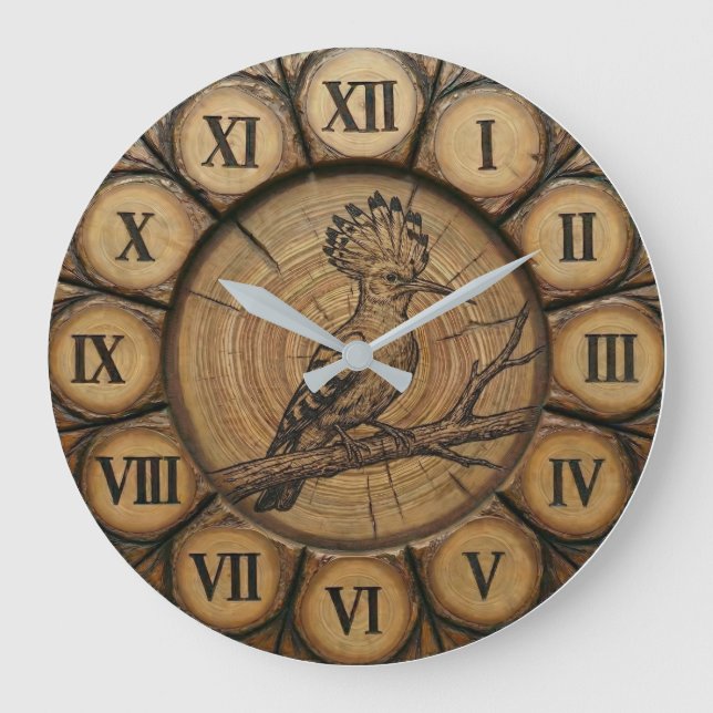 Rustic Hoopoe Bird Wall Clock  Große Wanduhr (Vorderseite)