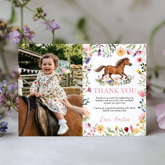 Rustic Horse Wildflower Girl Birthday Party Photo Dankeskarte