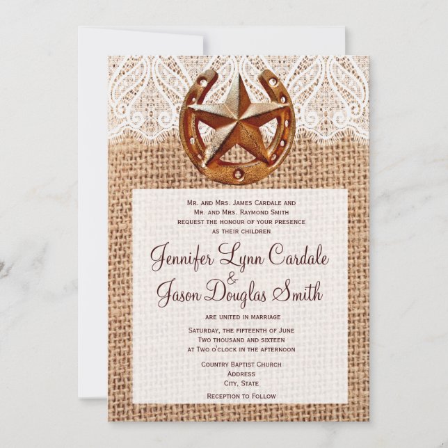 Rustic Horseshoe Star Burlap Hochzeit Einladungen (Vorderseite)