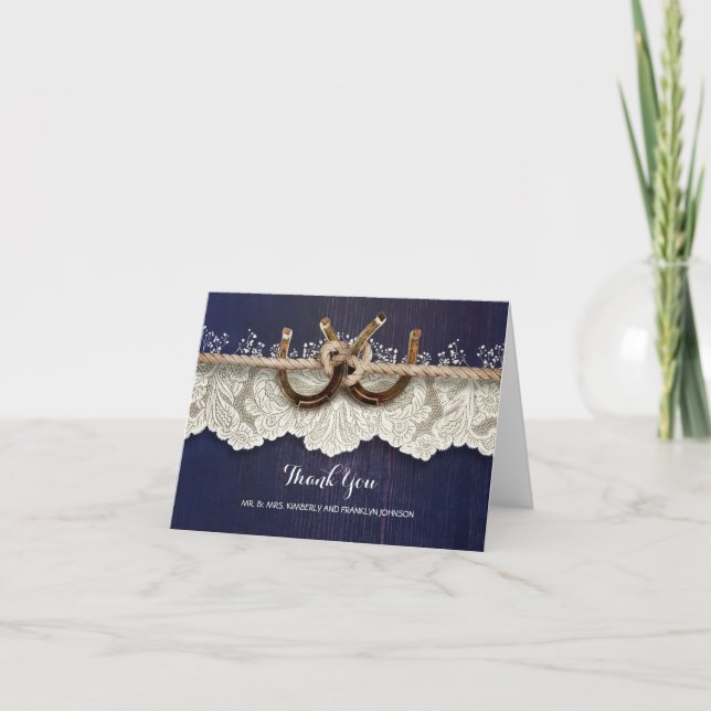 Rustic Horseshoes Lace Wood Navy Hochzeit Vielen D Dankeskarte (Vorderseite)