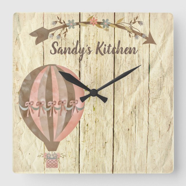 Rustic Hot Air Balloon Personalized Kitchen Clock Quadratische Wanduhr (Vorderseite)