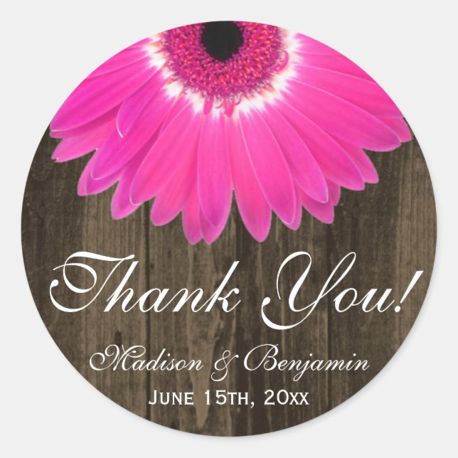 Rustic Hot Pink Daisy Wedding Danke Sticker (Vorderseite)