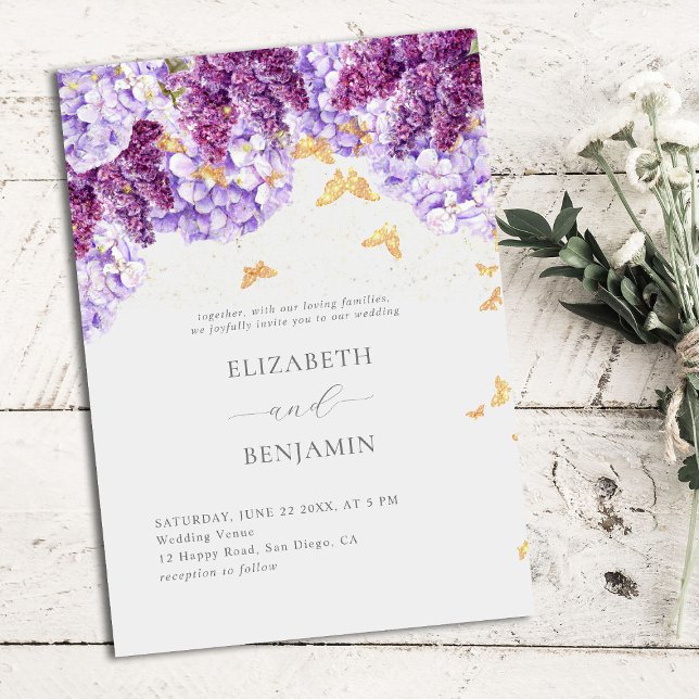 Rustic Hydrangea Lilac Butterflies Elegant Wedding Einladung (Von Creator hochgeladen)