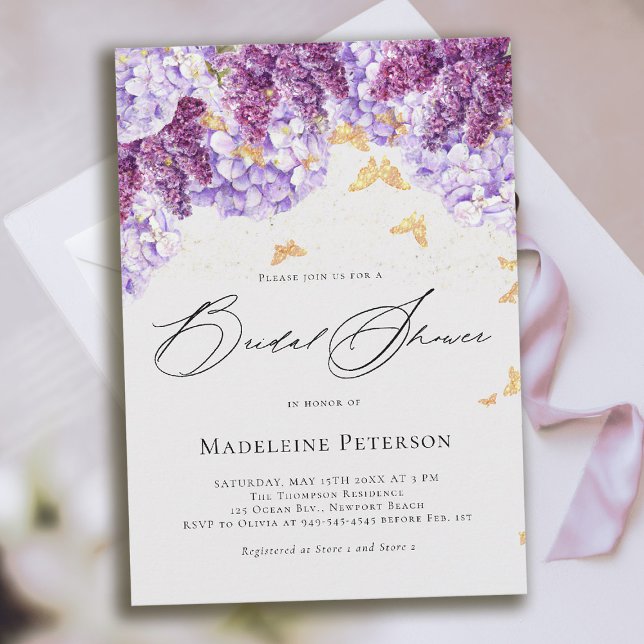 Rustic Hydrangea Lilac Butterfly Bridal Shower Einladung (bridal shower invitation hydrangea lilac butterflies boho romantic purple gold pink)