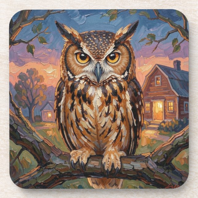 Rustic Impasto Great Horned Owl  Getränkeuntersetzer (Vorderseite)
