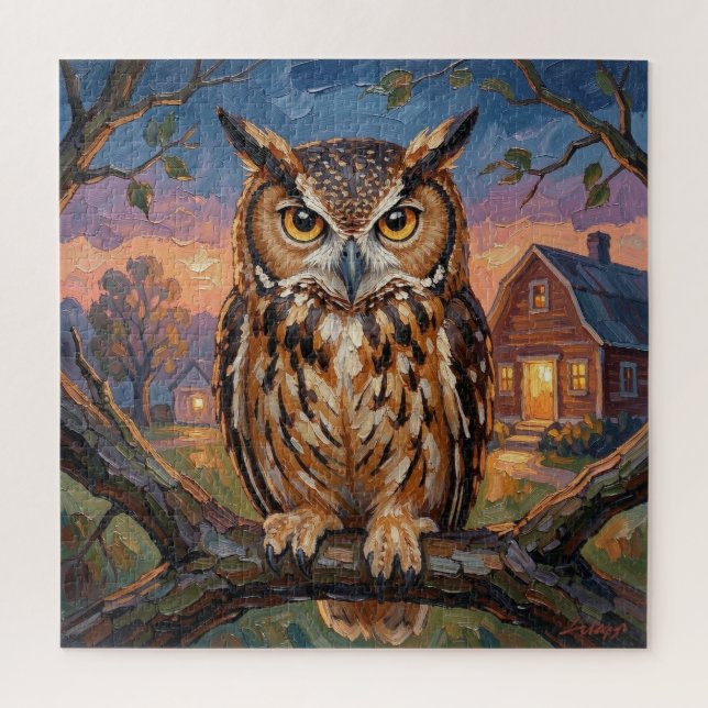 Rustic Impasto Great Horned Owl  Puzzle (Vertikal)