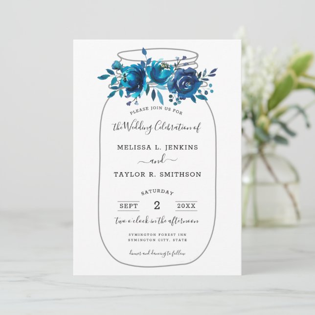 Rustic Indigo Peony Mason Jar Wedding Einladung (Stehend Vorderseite)