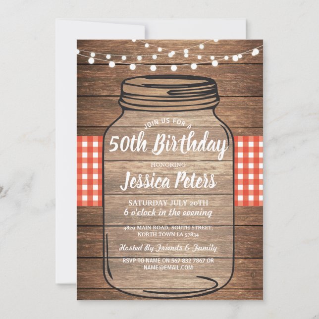 Rustic Jar Birthday Party Wood Red Gingham Einladung (Vorderseite)