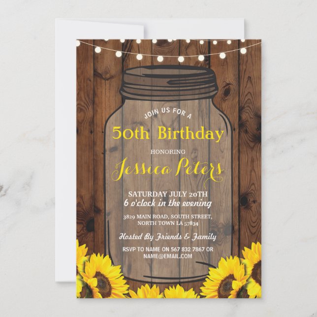 Rustic Jar Birthday Party Wood Sunflower Einladung (Vorderseite)