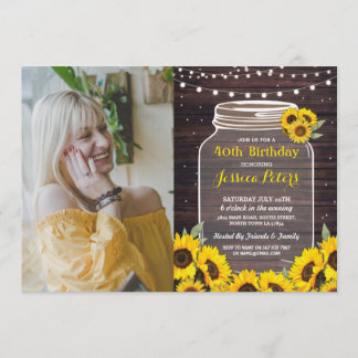Rustic Jar Birthday Party Wood Sunflower Foto Einladung