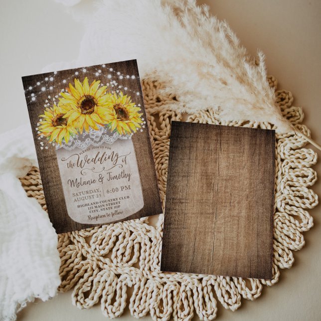 Rustic Jar Sunflower Wood Wedding Einladungen (Von Creator hochgeladen)