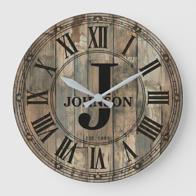 Rustic Johnson Family Clock | Farmhouse Decor  Große Wanduhr (Vorderseite)