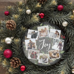 Rustic Joy Wreath | Foto Collage Weihnachten<br><div class="desc">Eine festliche Urlaubskarte in einzigartiger runder Form, die acht Ihrer liebsten Fotos in einem runden Kranzgeflecht mit grünen Wasserfarben, Kiefernzapfen und roten, heiligen Beeren auf einem Kalkbrett-Hintergrund vereint. "Joy" erscheint in der Mitte in weißer Hand mit Schriftzeichen mit Schreibschrift. Personalisieren Sie die Rückseite dieses einzigartigen Foto Collage Design mit Ihrem...</div>