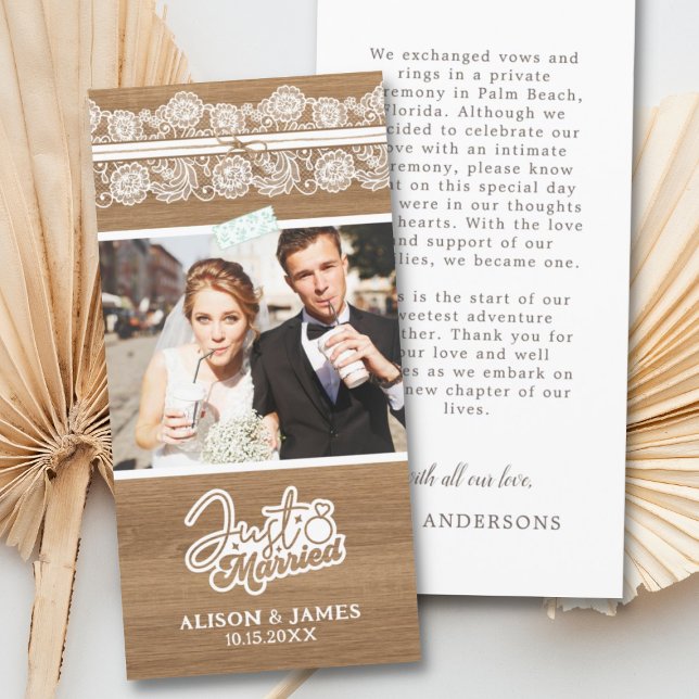 Rustic Just Married Wedding Announcement Thank you Dankeskarte (Von Creator hochgeladen)