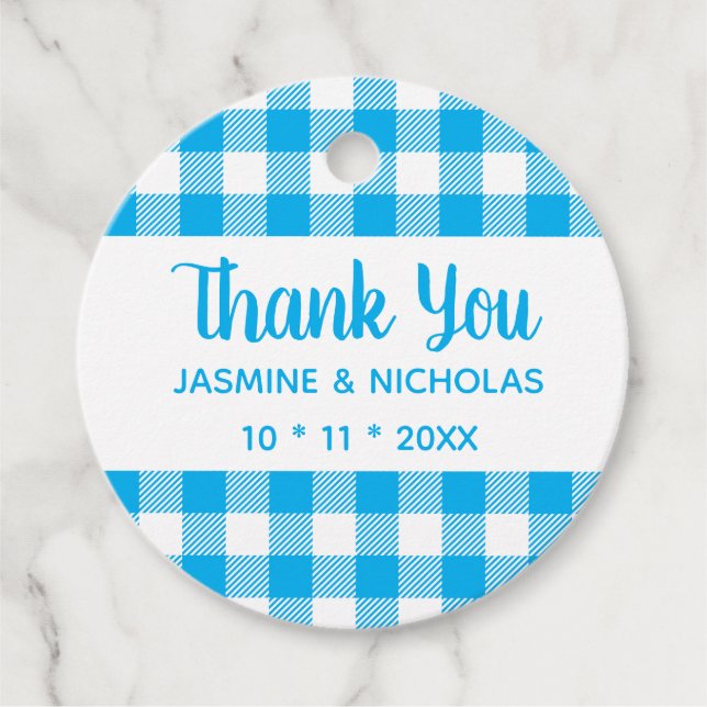 Rustic Kariert Blue Gingham Wedding Vielen Dank Geschenkanhänger (Vorderseite)