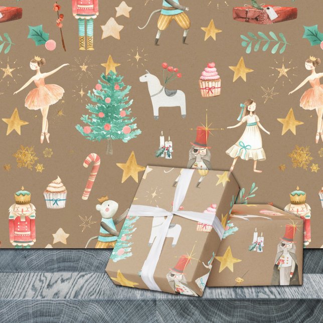 Rustic Kraft Alles Nutcracker Weihnachten Geschenkpapier Set (Rustic Kraft Everything Nutcracker Christmas Holiday Gift Wrapping Paper Sheets Trio)