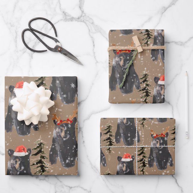 Rustic Kraft Black Bären Weihnachtsjungen Geschenkpapier Set (Vorderseite)