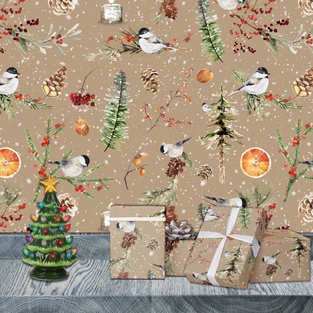 Rustic Kraft Black Cap Chickadee Weihnachtsfest Pa Geschenkpapier Set (Rustic Kraft Black Cap Chickadee Christmas Party Winter Holiday Gift Wrapping Paper Sheets Trio)