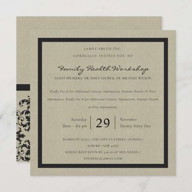 RUSTIC KRAFT BLACK DAMASK CLASSIC WORKSHOP EVENT EINLADUNG (Vorne/Hinten)