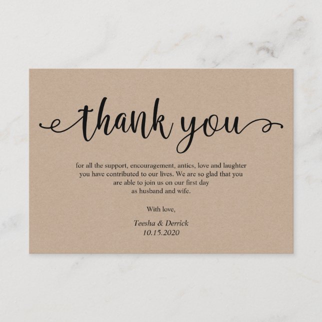 Rustic kraft black script, Wedding Danke Begleitkarte (Vorderseite)